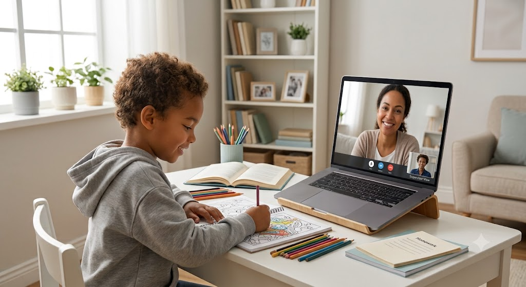 Mother helping her son with homework over video call