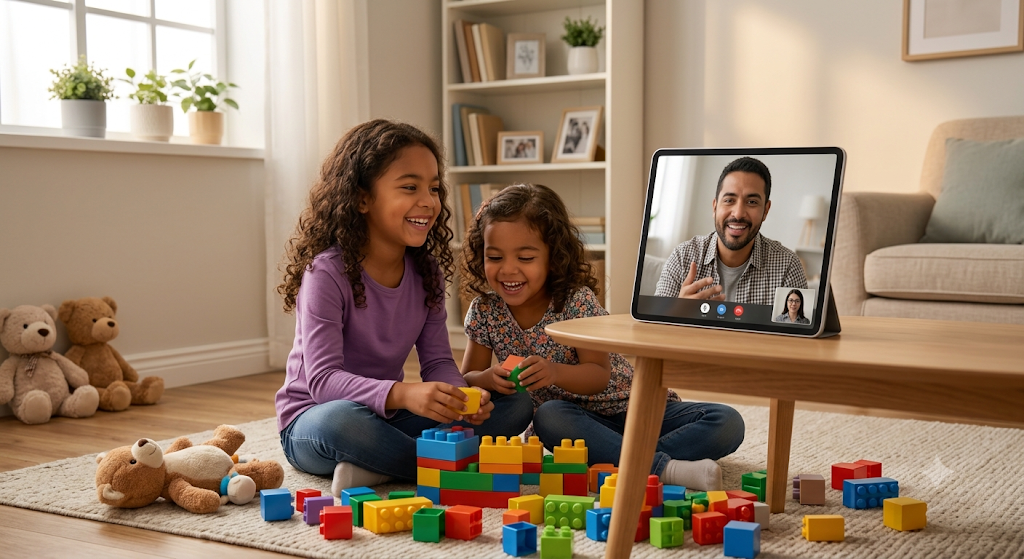 Father playing with his daughters over video call